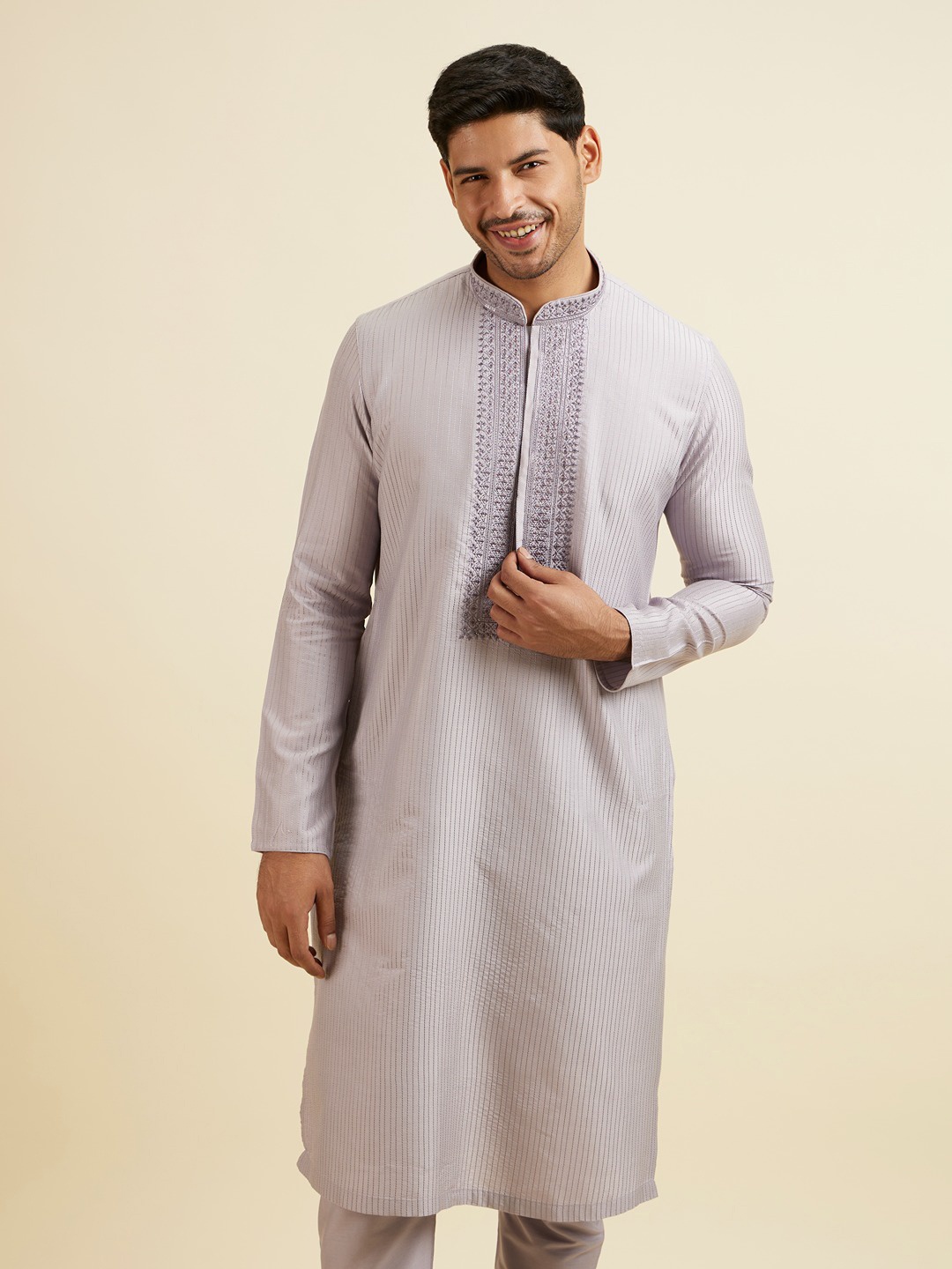 

Manyavar Striped Straight Thread Work Kurta with Pyjamas, Purple