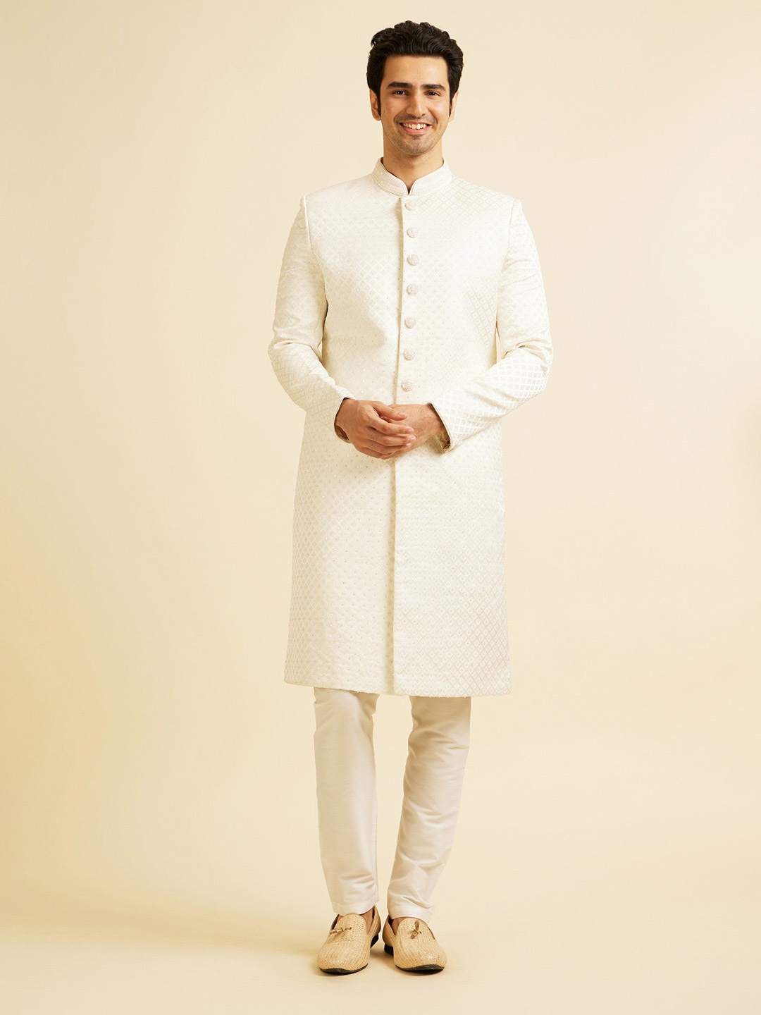 

Manyavar Men Embroidered Sherwani & Pyjama Set, White