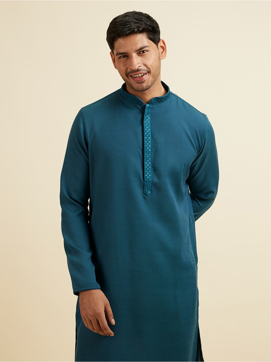 

Manyavar Striped Straight Sequinned Kurta with Pyjamas, Teal