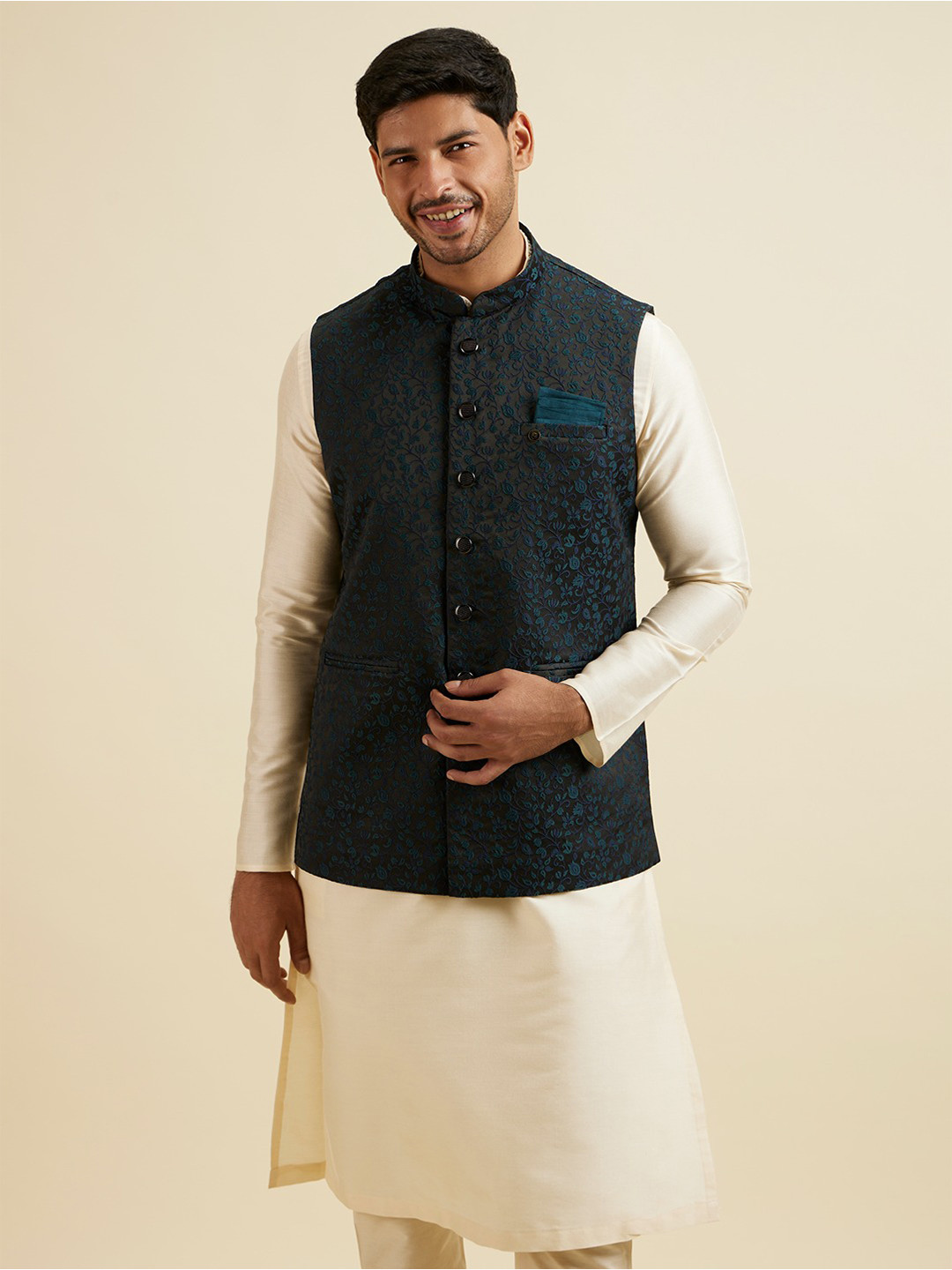 

Manyavar Woven Design Nehru Jacket, Black