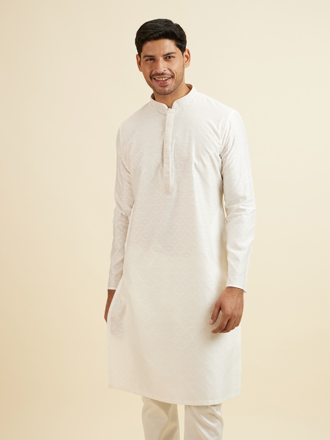 

Manyavar Ethnic Motifs Embroidered Straight Thread Work Kurta with Pyjamas, White