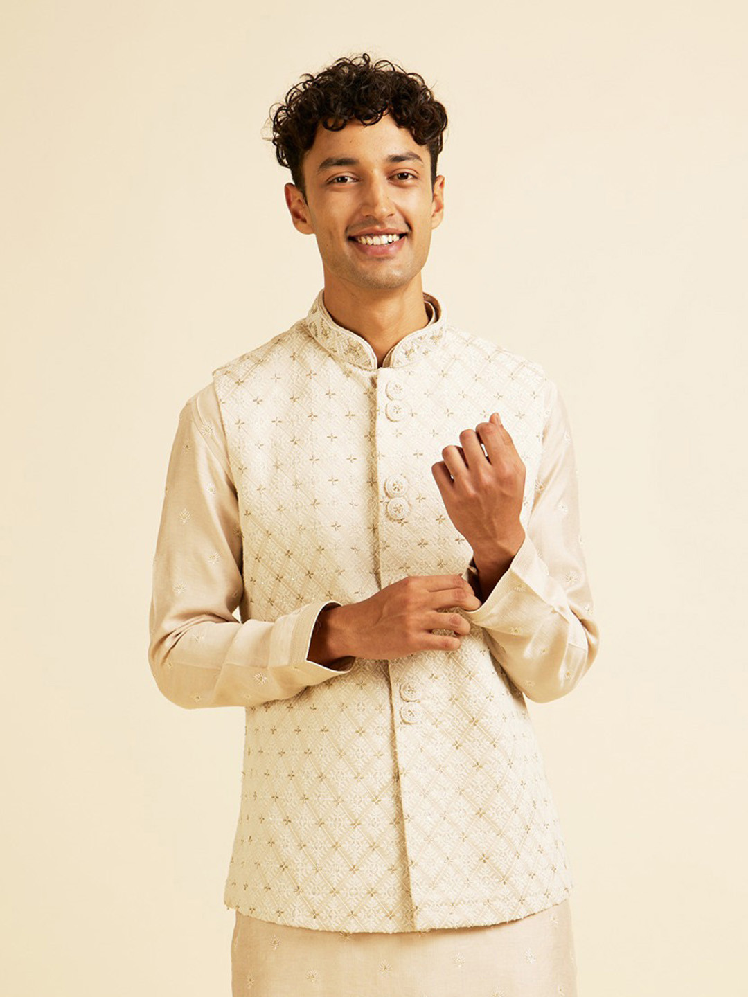 

Manyavar Men Embroidered Woven Nehru Jacket, Beige