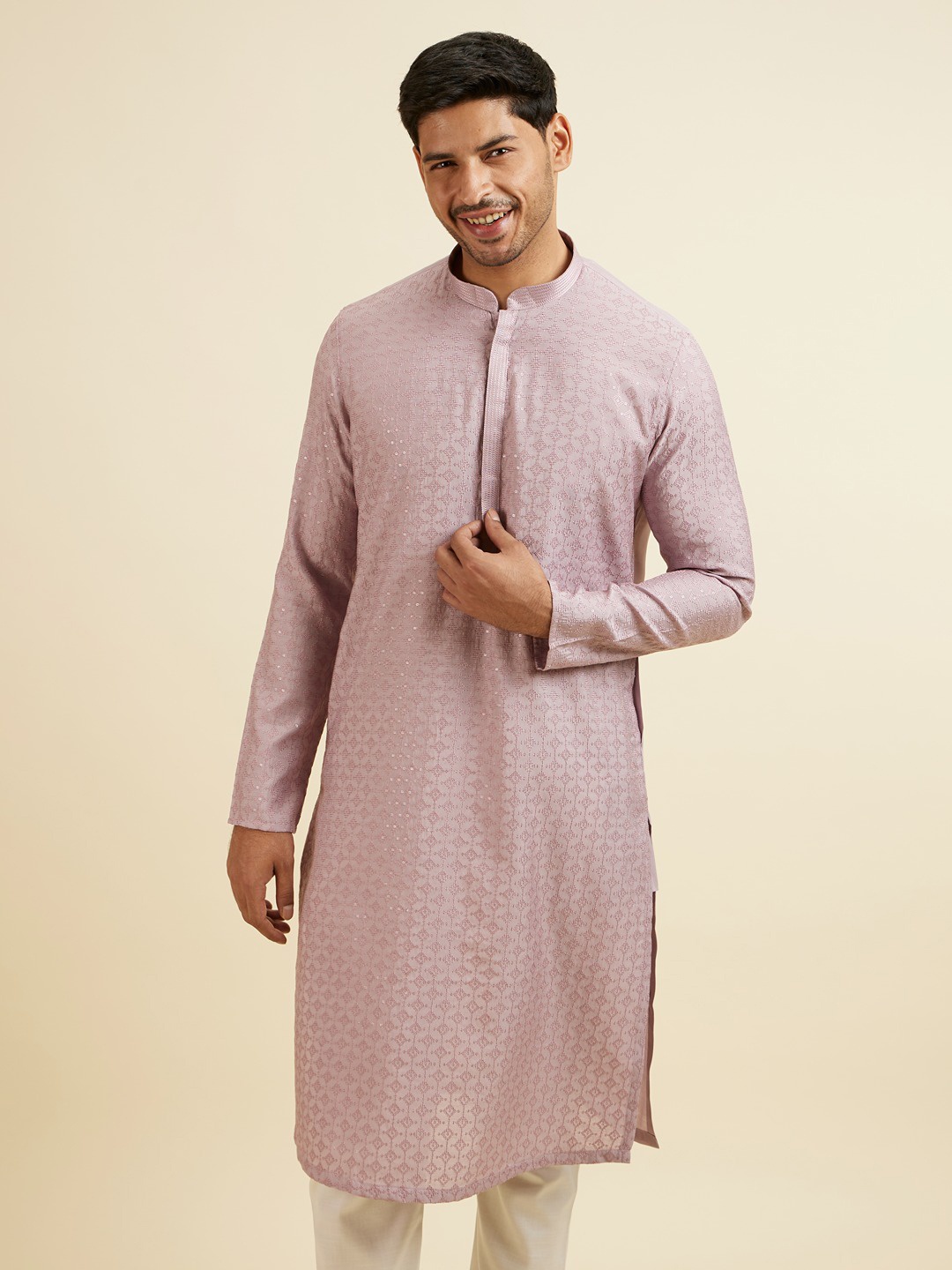 

Manyavar Ethnic Motifs Embroidered Straight Sequinned Kurta with Pyjamas, Purple