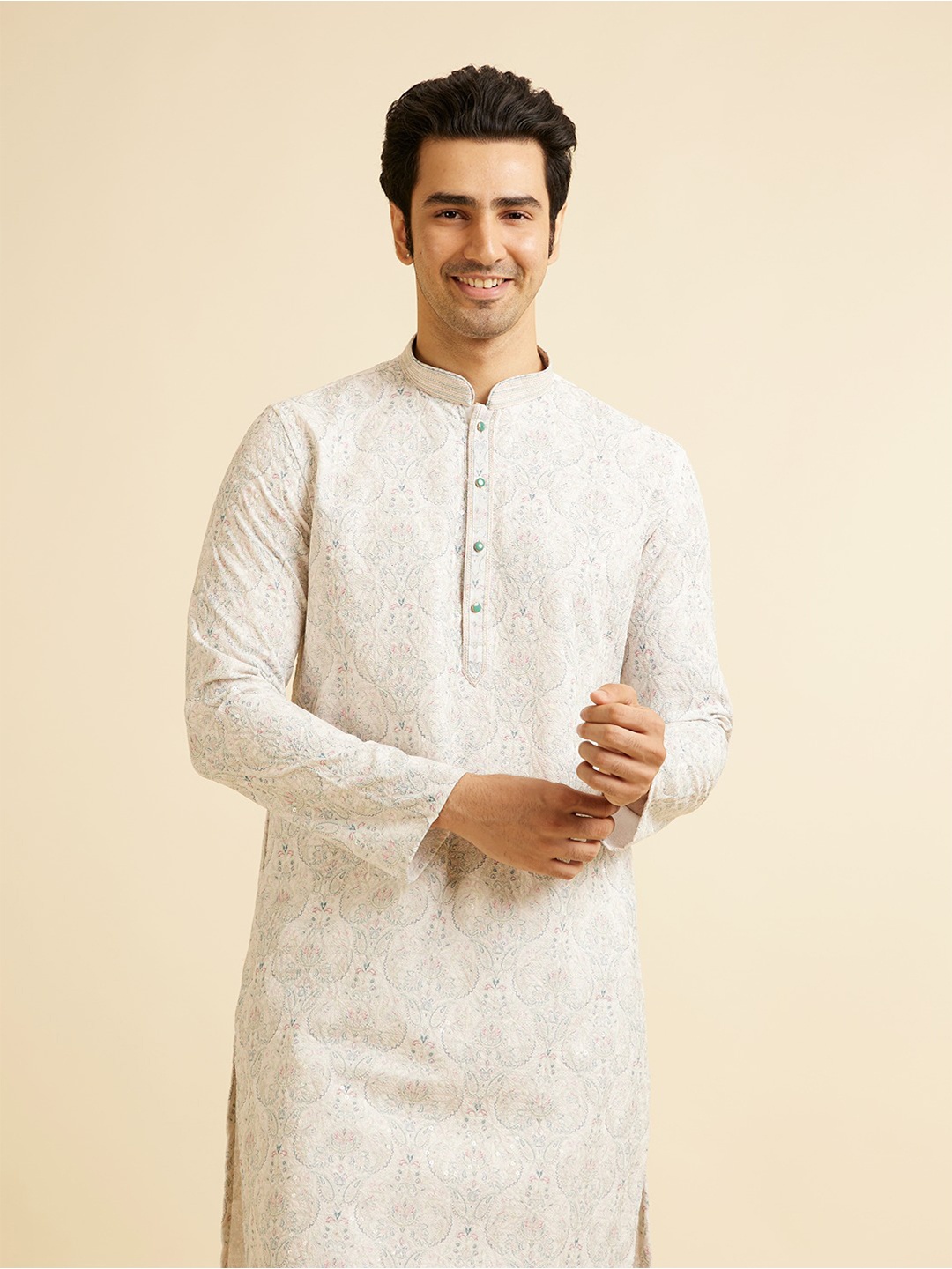 

Manyavar Floral Embroidered Straight Thread Work Kurta with Pyjamas, Green