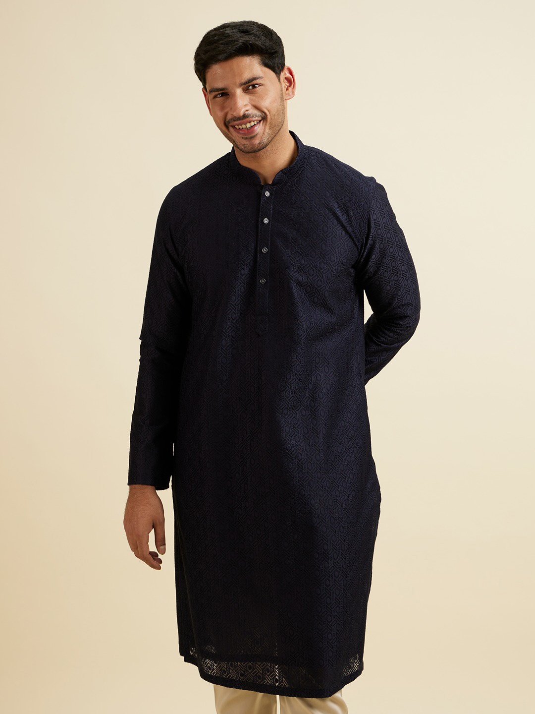 

Manyavar Ethnic Motifs Woven Design Thread Work Straight Kurta with Pyjamas, Blue