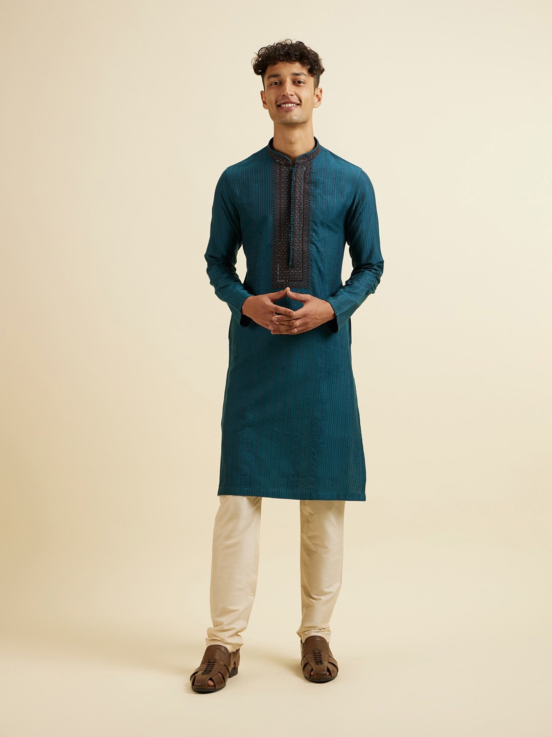 

Manyavar Striped Straight Thread Work Kurta with Pyjamas, Blue