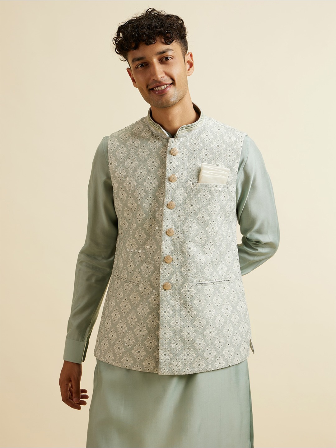 

Manyavar Men Embroidered Woven Nehru Jacket, Green