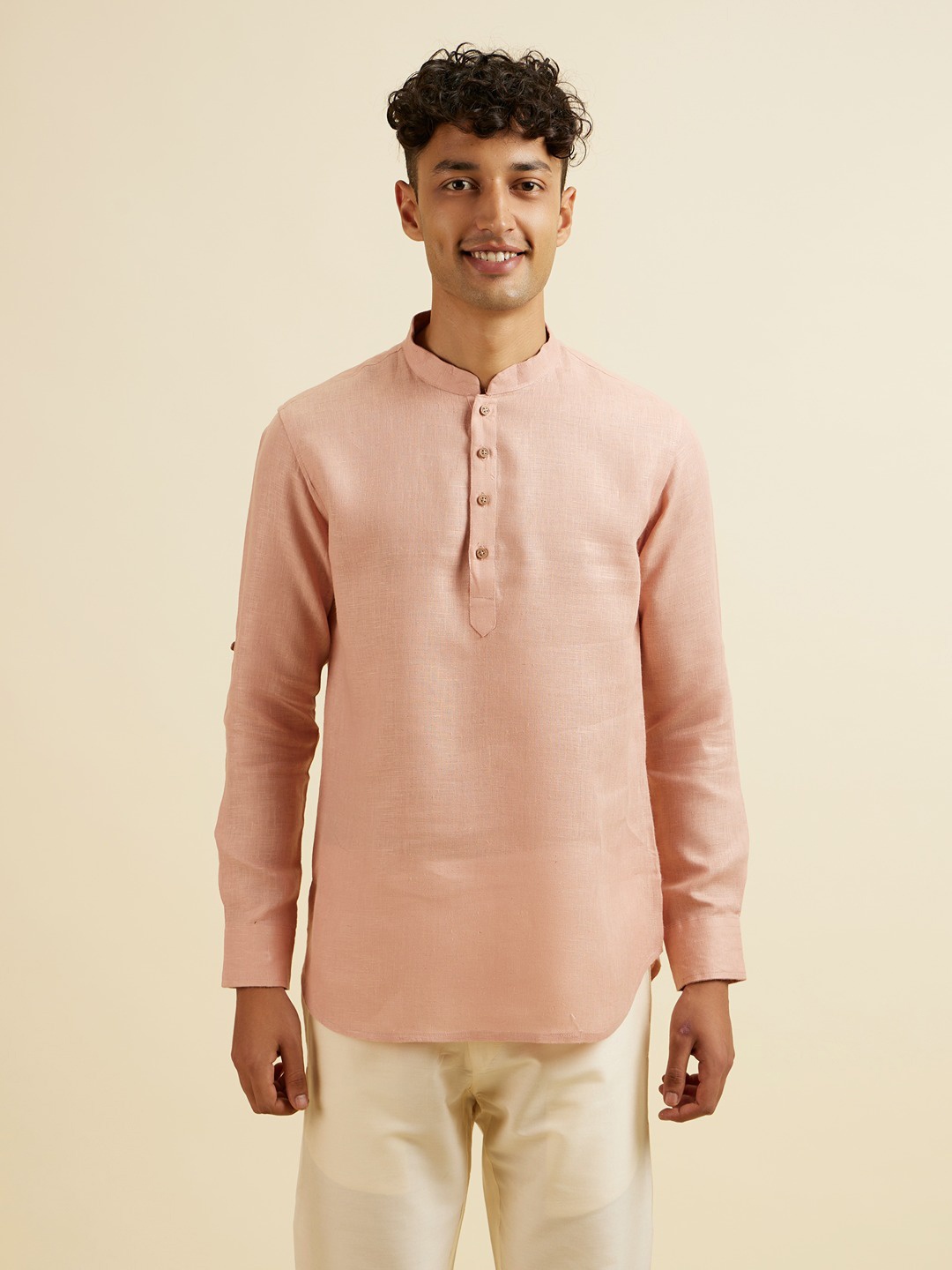 

Manyavar Mandarin Collar Straight Short Kurta, Pink