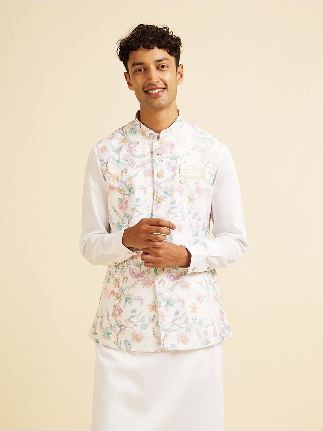 

Manyavar Men Floral Printed Nehru Jacket, White