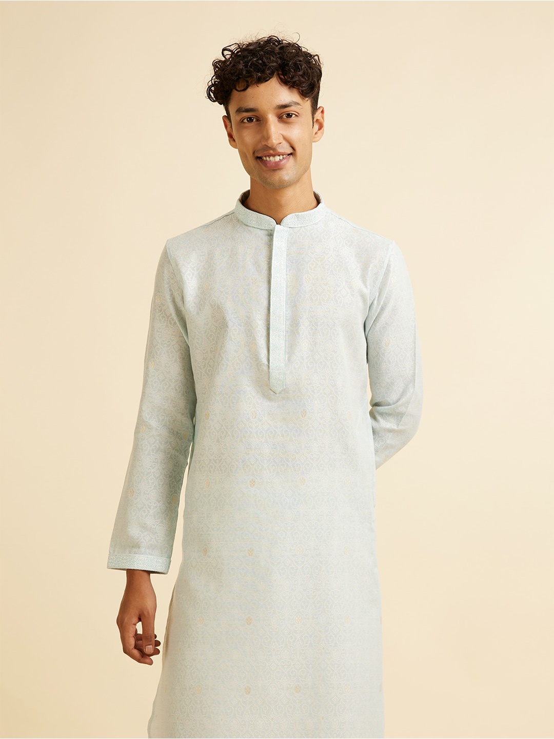 

Manyavar Ethnic Motifs Woven Design Regular Thread Work Kurta With Pyjama, Blue