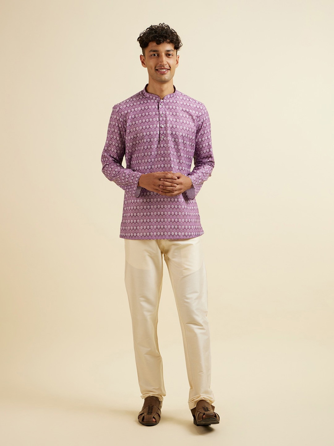 

Manyavar Floral Printed Mandarin Collar Straight Short Kurta, Purple