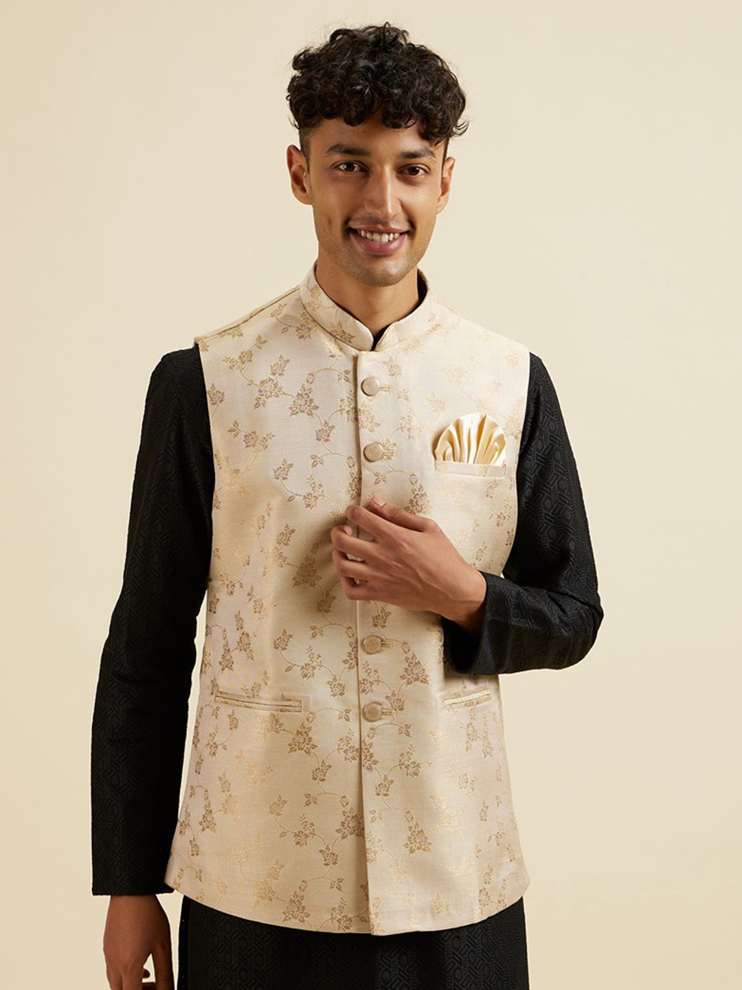 

Manyavar Men Woven Design Nehru Jacket, Beige