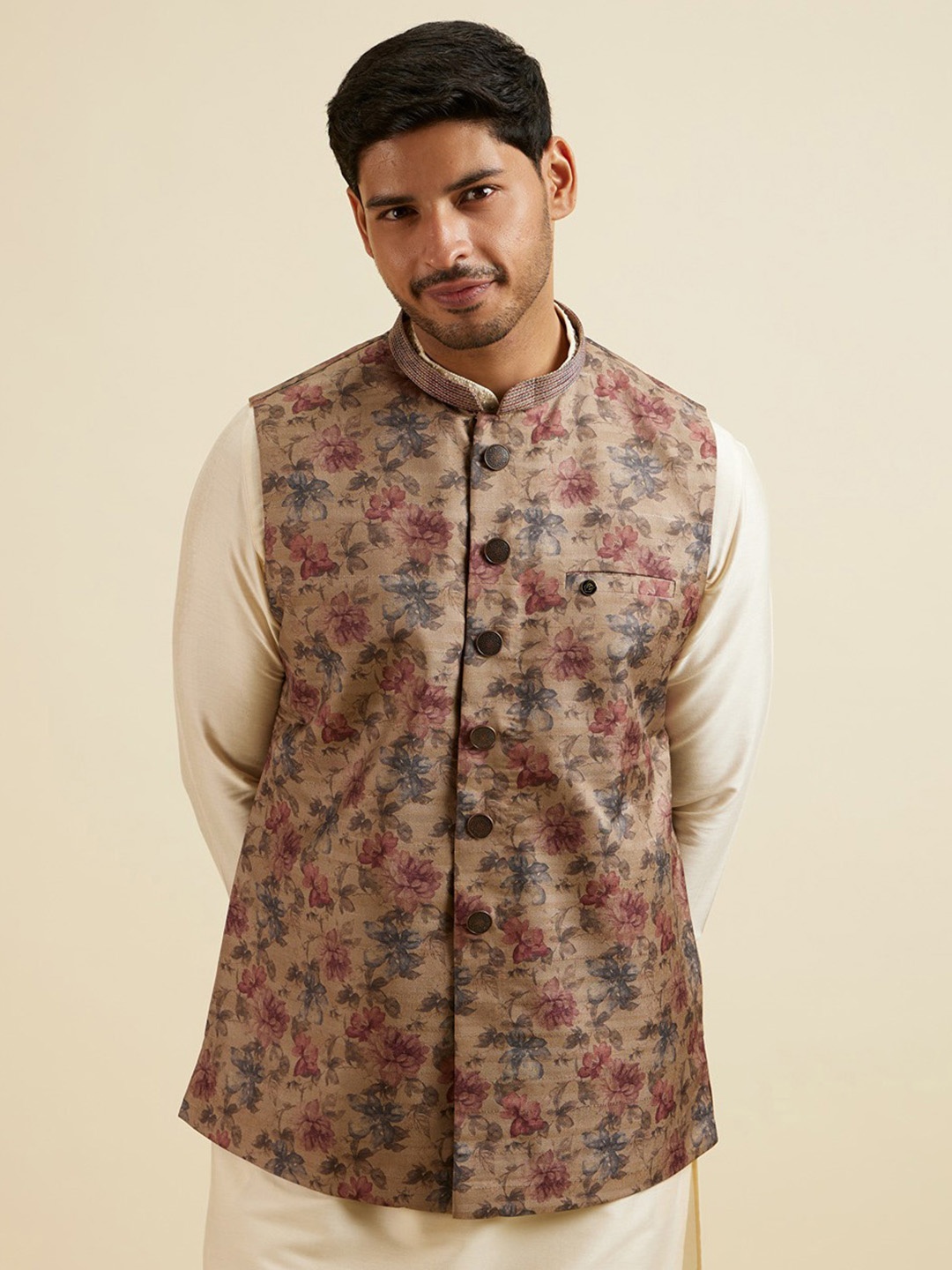 

Manyavar Men Floral Printed Nehru Jacket, Brown