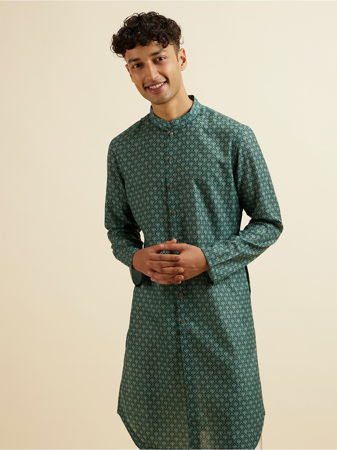

Manyavar Ethnic Motifs Printed Mandarin Collar Cotton Straight Kurta, Green