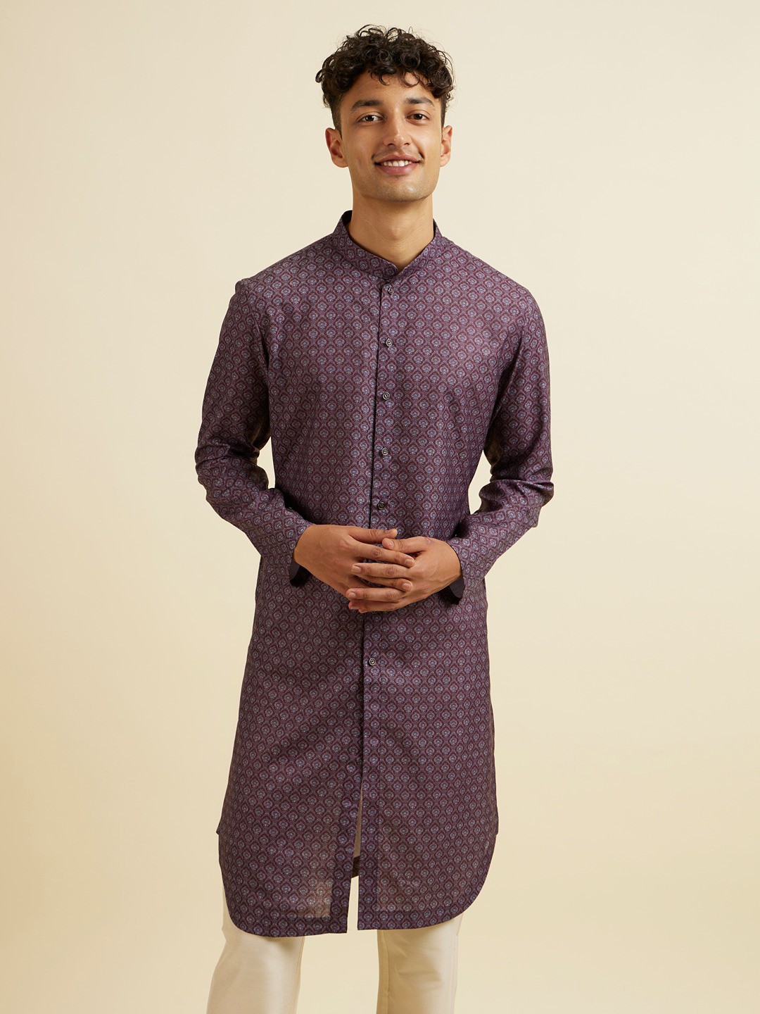 

Manyavar Ethnic Motifs Printed Mandarin Collar Cotton Straight Kurta, Purple