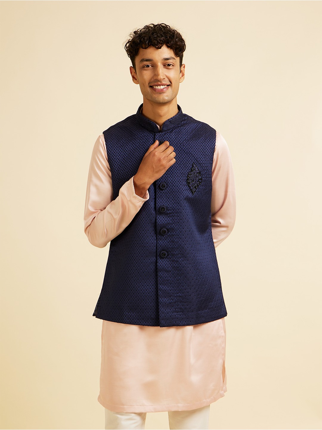 

Manyavar Men Embroidered Woven Nehru Jacket, Blue