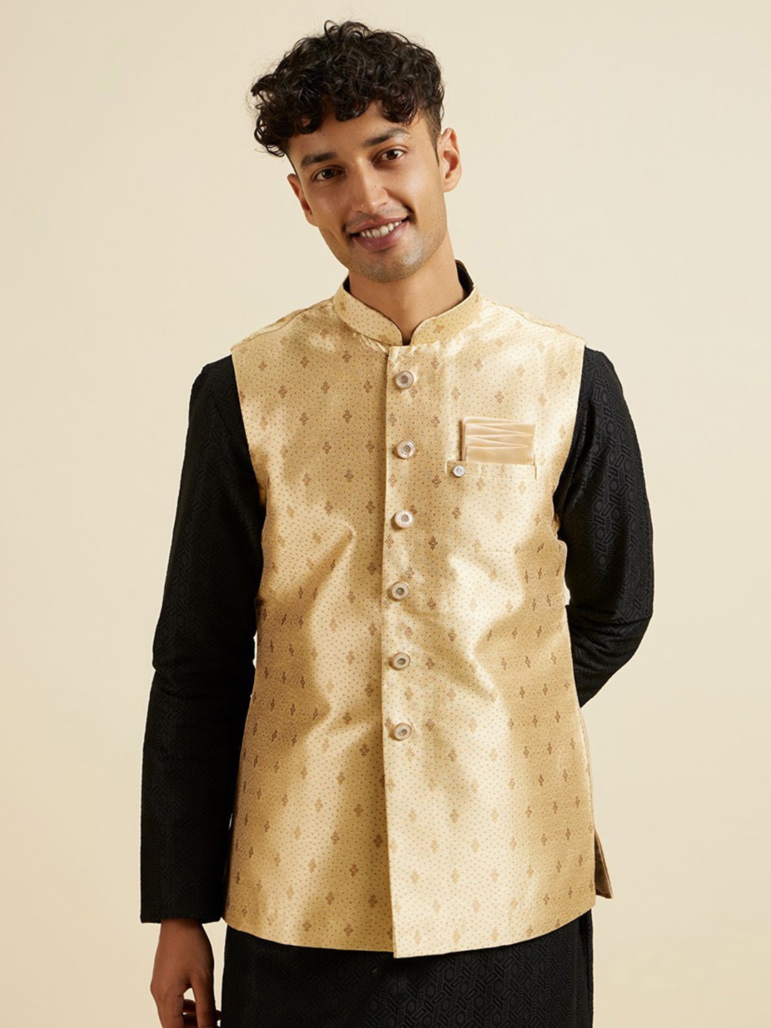 

Manyavar Men Woven Design Nehru Jacket, Beige