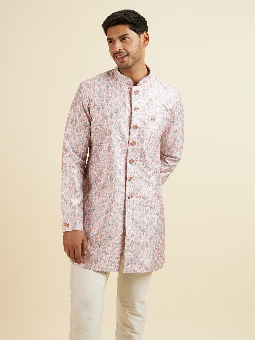 

Manyavar Ethnic Motifs Embroidered Straight Sequinned Kurta with Trousers, Pink