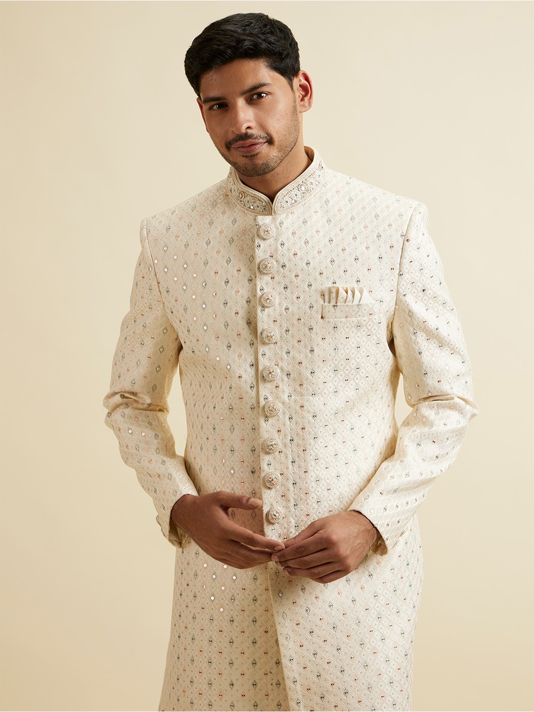 

Manyavar Men Embroidered Sherwani Set, White