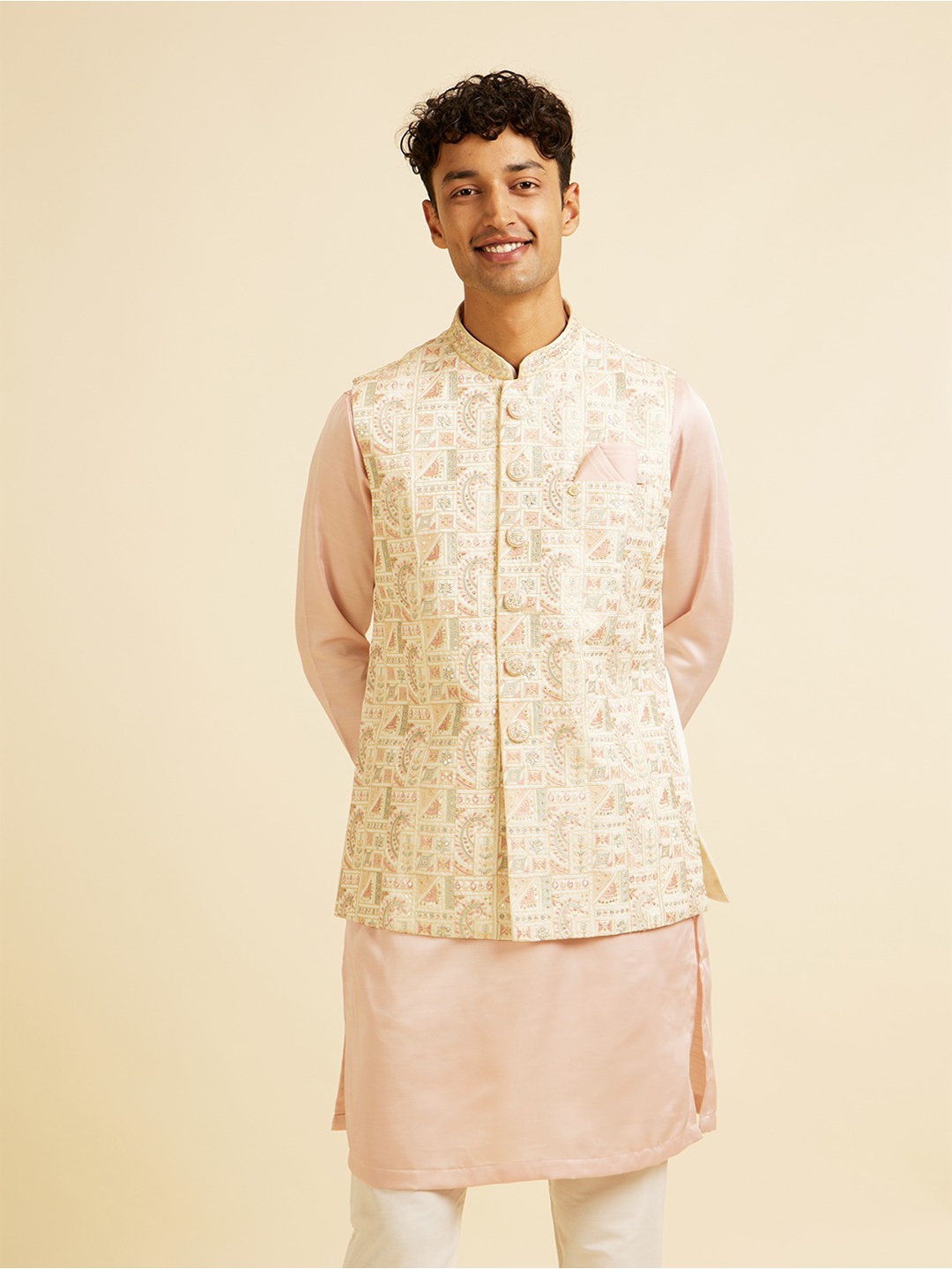 

Manyavar Men Embroidered Woven Nehru Jacket, Cream