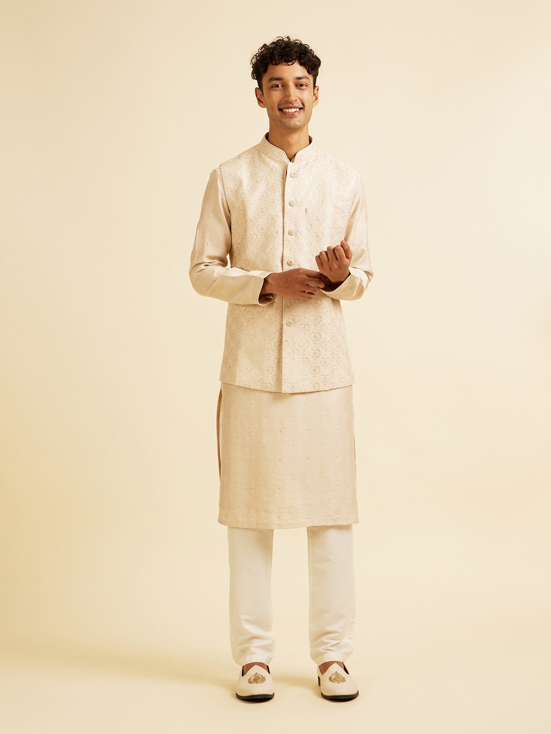 

Manyavar Men Regular Kurta and Trousers with Jacket, Beige