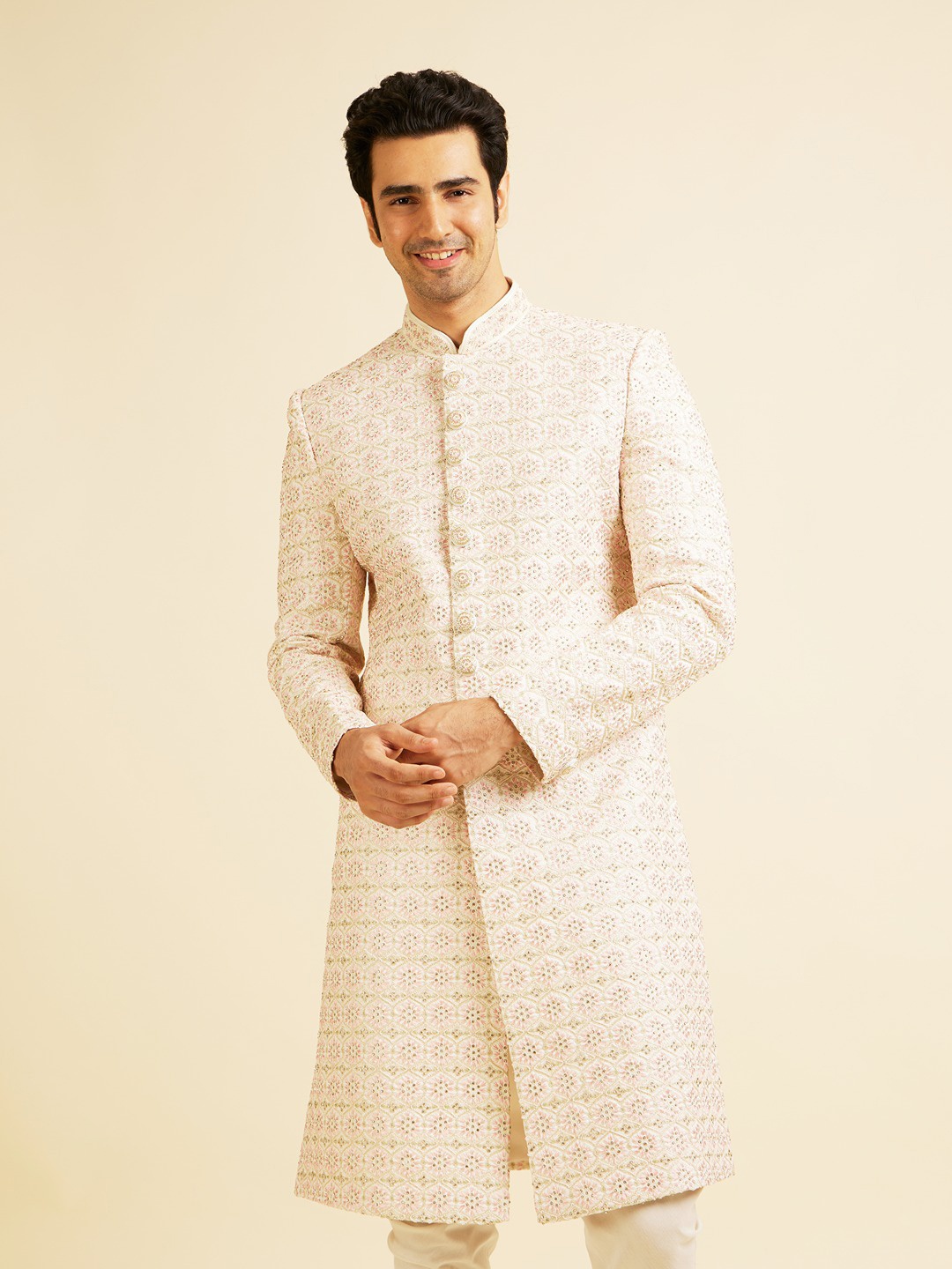

Manyavar Men Embroidered Sherwani Set, Cream