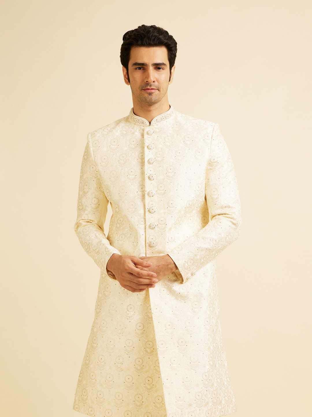 

Manyavar Men Self Design Sherwani Set, Cream
