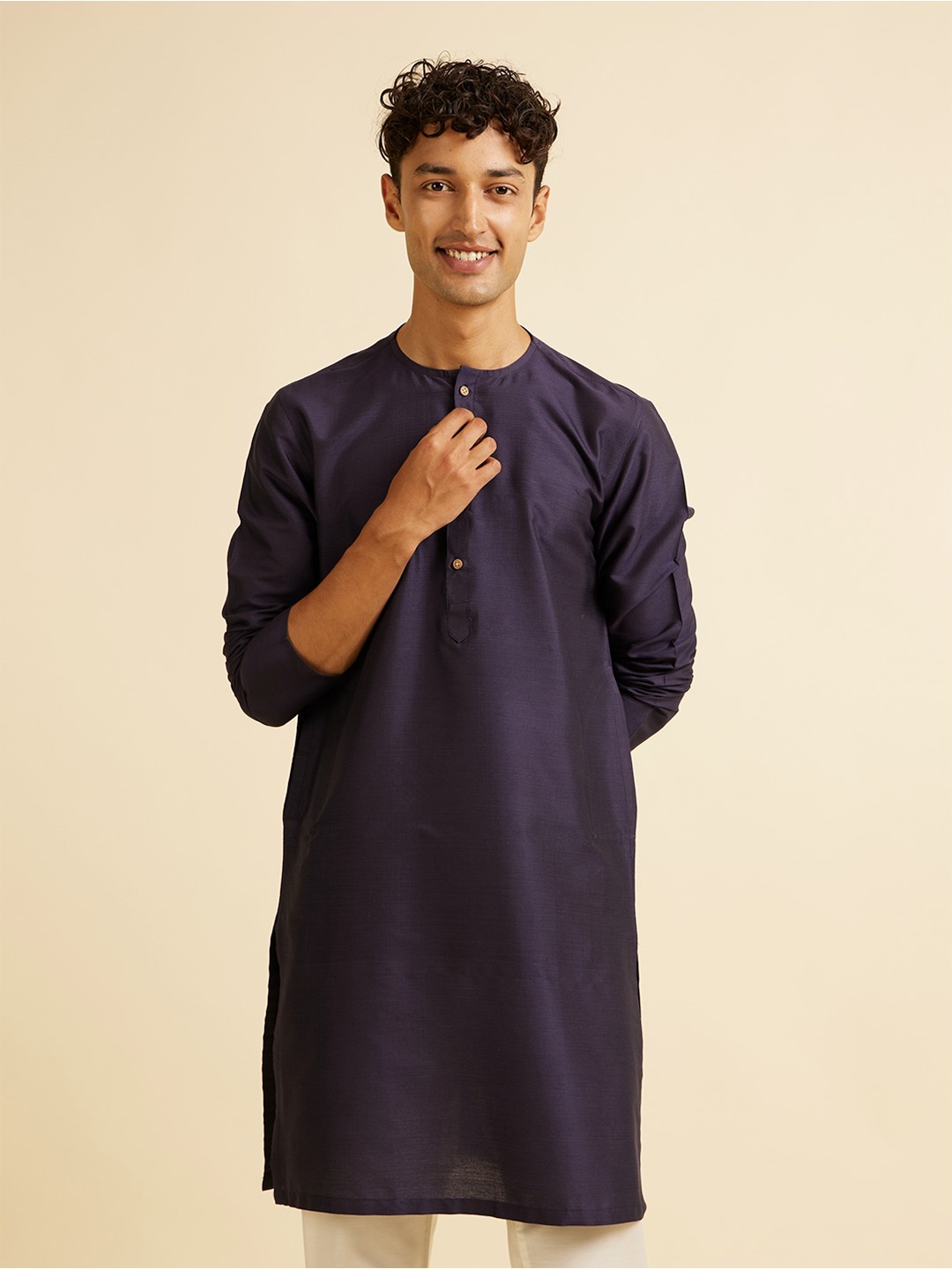 

Manyavar Band Collar Straight Kurta, Blue