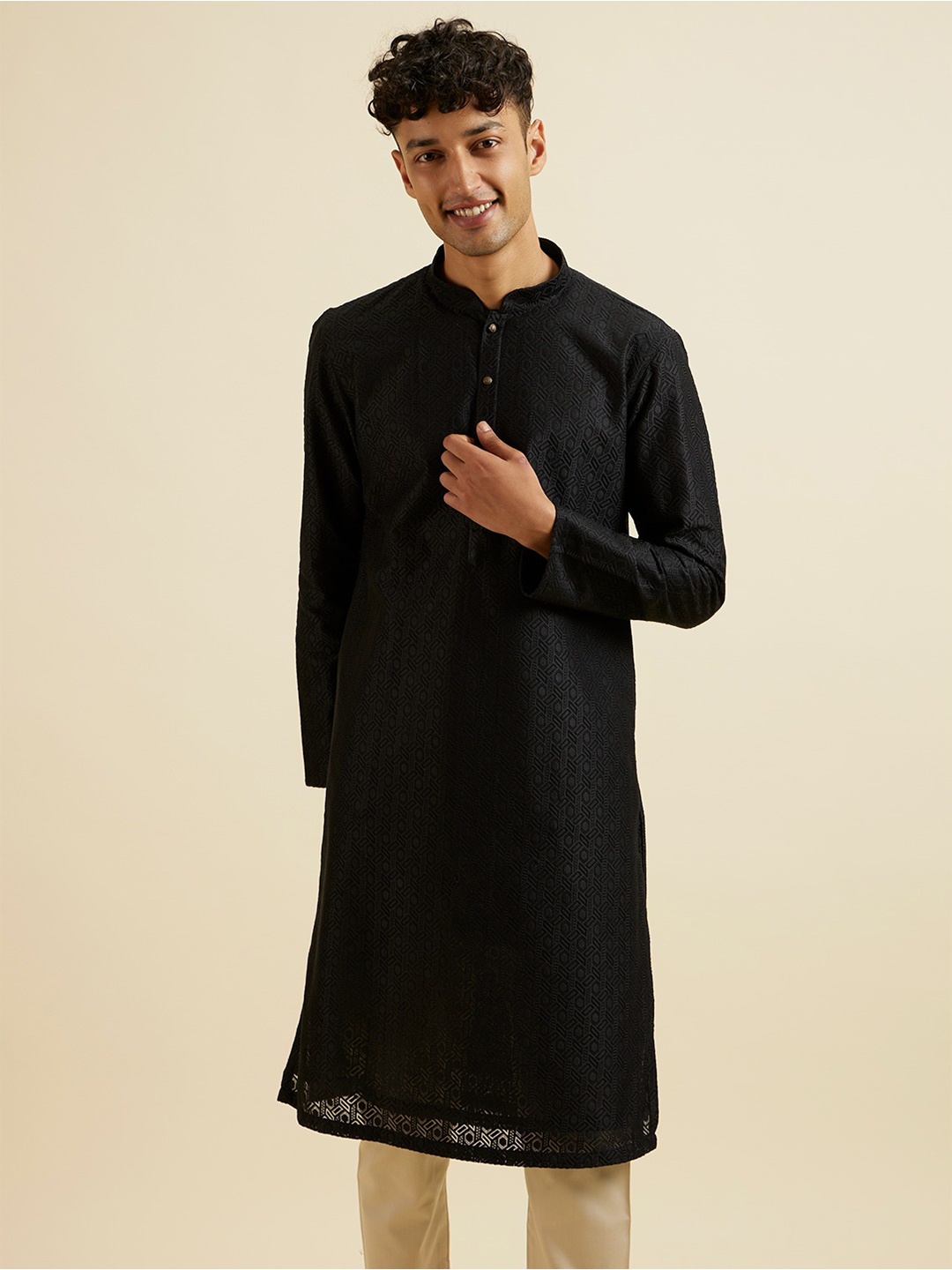 

Manyavar Woven Design Mandarin Collar Regular Kurta With Pyjama, Black