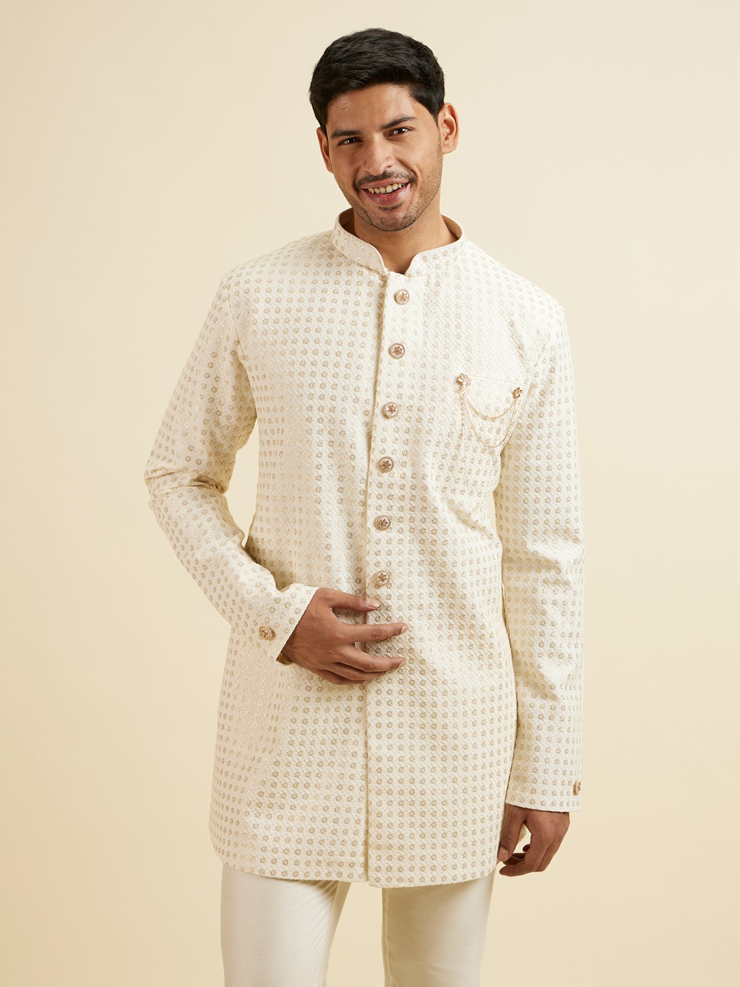 

Manyavar Men Ethnic Motifs Embroidered Straight Sequinned Kurta with Trousers, Cream