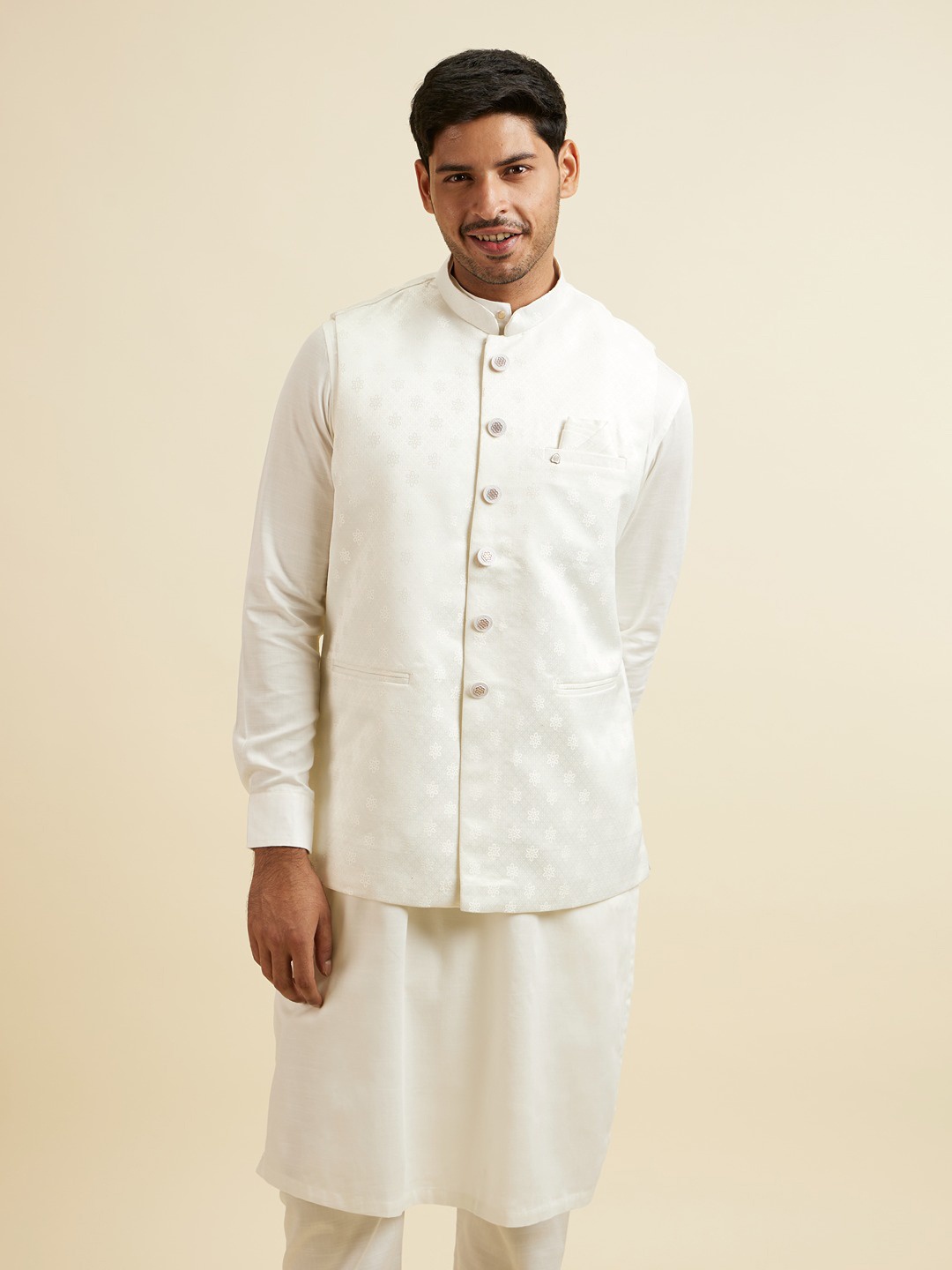 

Manyavar Men Woven Design Nehru Jacket, White