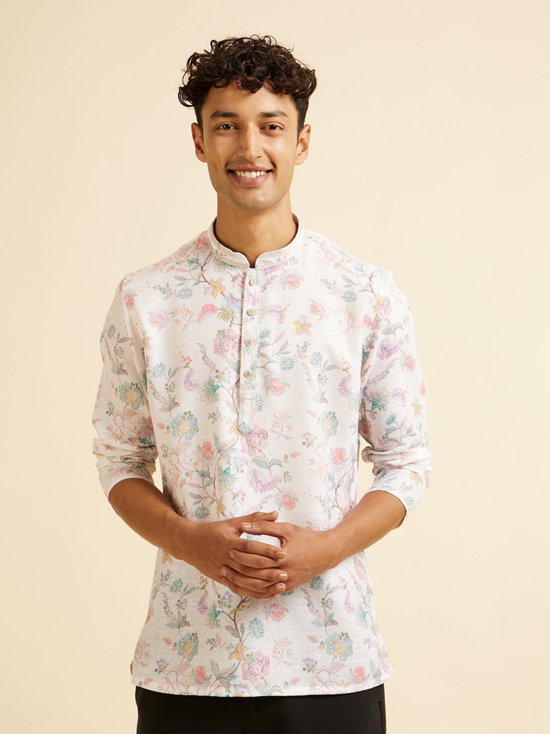 

Manyavar Floral Printed Mandarin Collar Cotton Straight Kurta, White