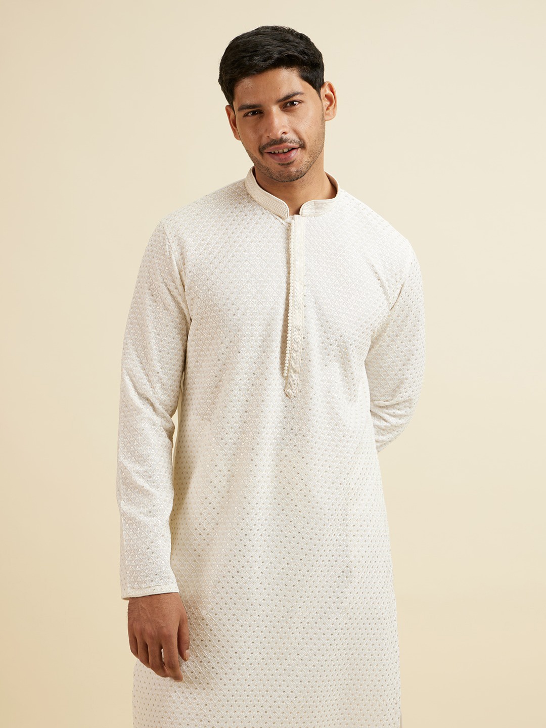 

Manyavar Ethnic Motifs Embroidered Straight Sequinned Kurta with Churidar, White