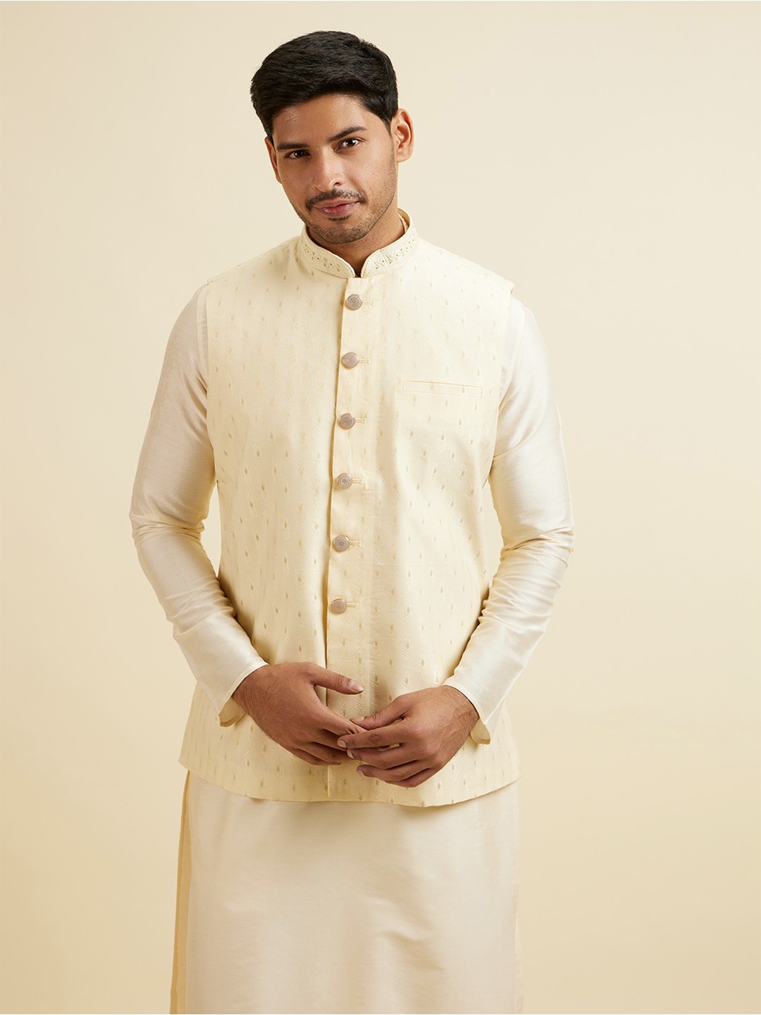 

Manyavar Men Embroidered Woven Nehru Jacket, Cream
