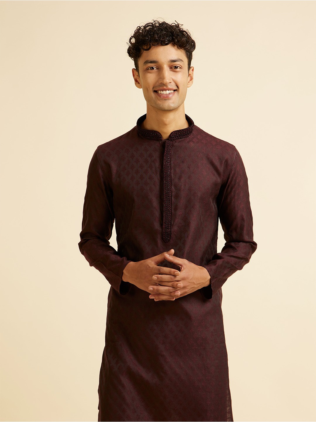 

Manyavar Floral Embroidered Thread Work Mandarin Collar Straight Kurta with Pyjamas, Purple