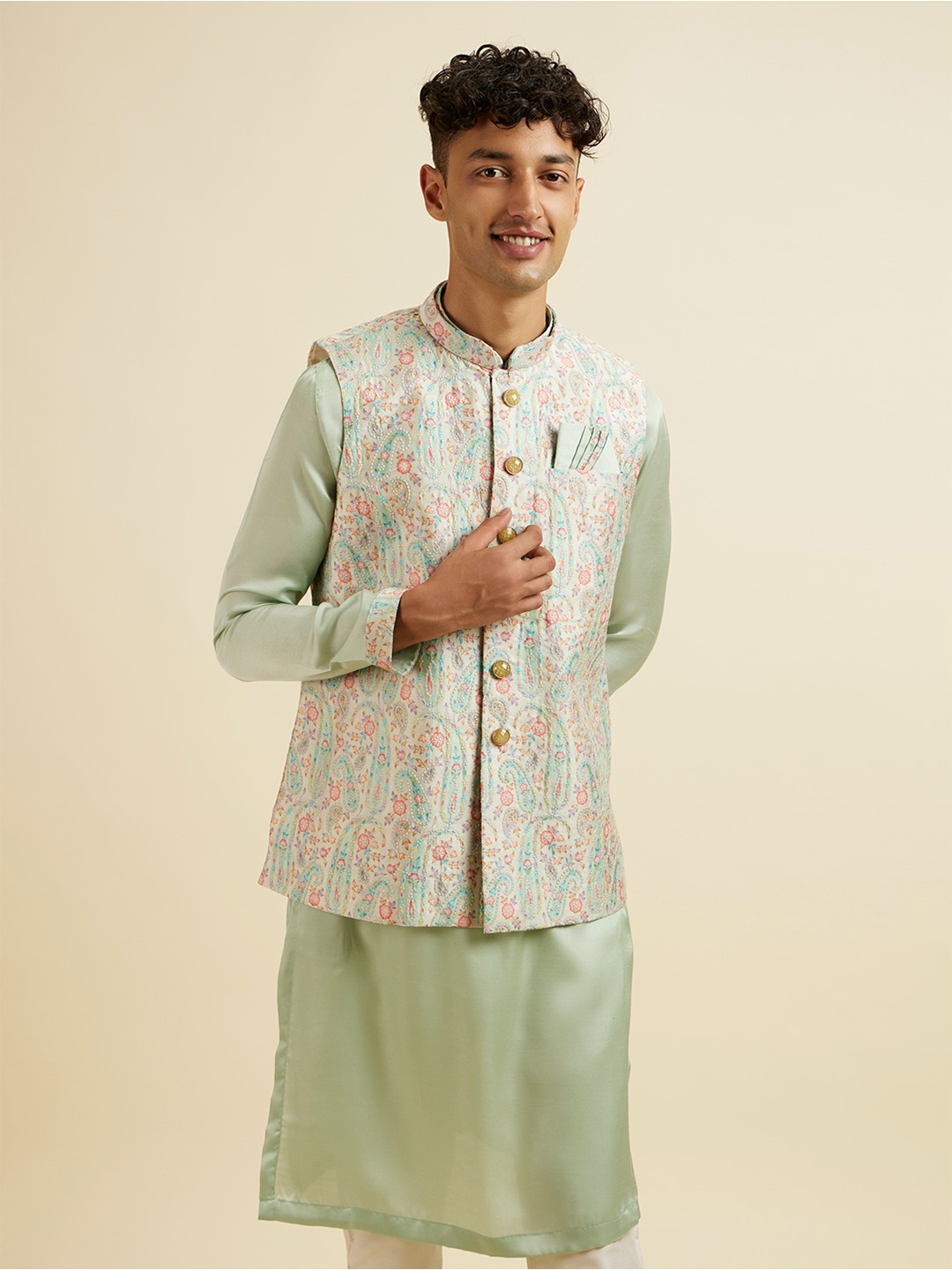

Manyavar Mandarin Collar Regular Kurta With Pyjamas & Printed Nehru Jacket, Sea green