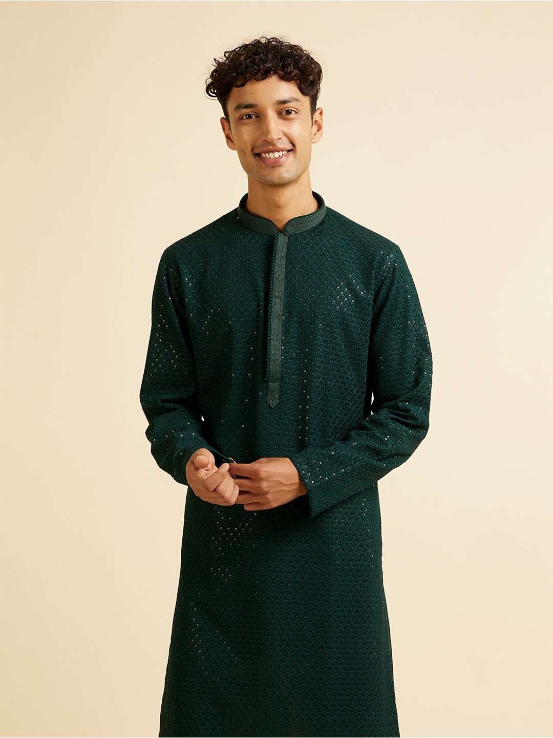 

Manyavar Ethnic Motifs Embroidered Straight Sequinned Kurta with Churidar, Green