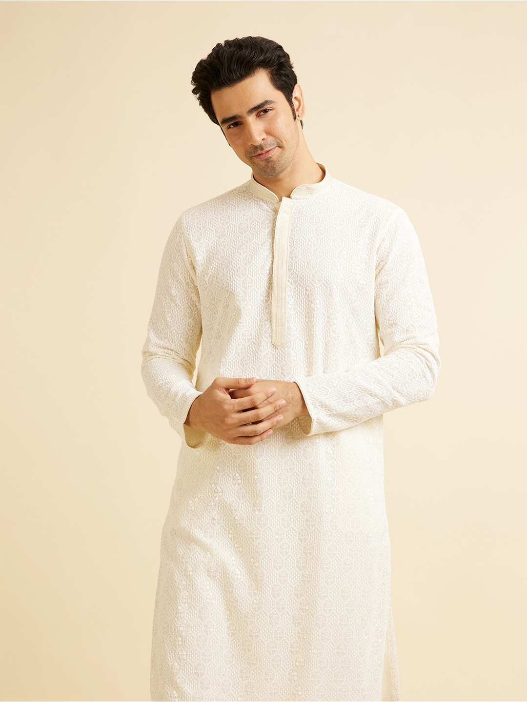 

Manyavar Ethnic Motifs Embroidered Chikankari Straight Kurta with Pyjamas, Cream