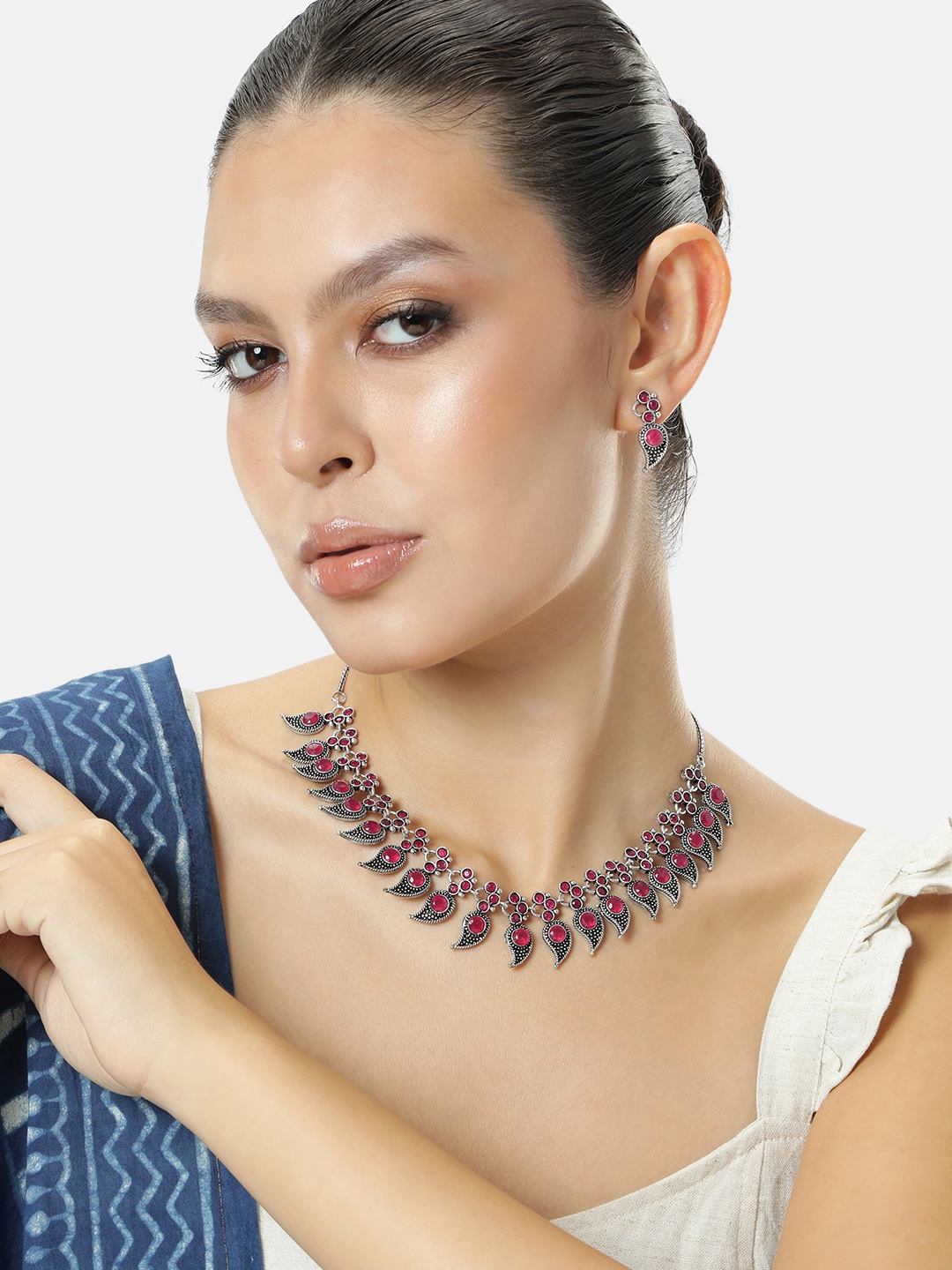 

AITIHYA Silver-Plated Stone Studded Jewellery Set, Magenta