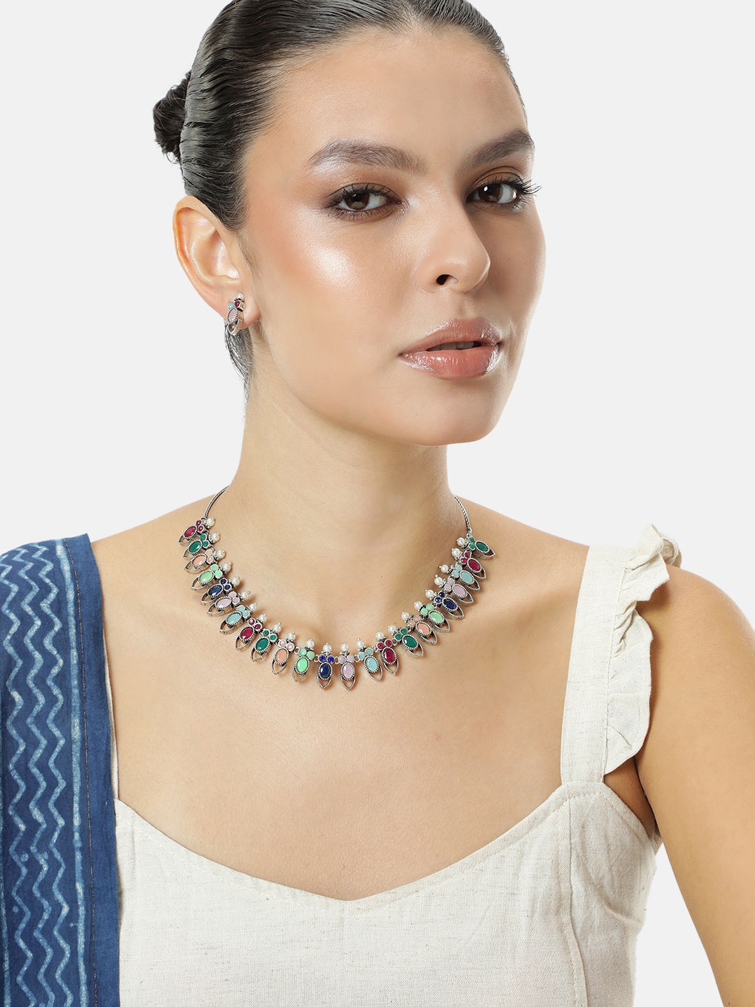 

AITIHYA Silver-Plated Stone Studded Jewellery Set, Multi
