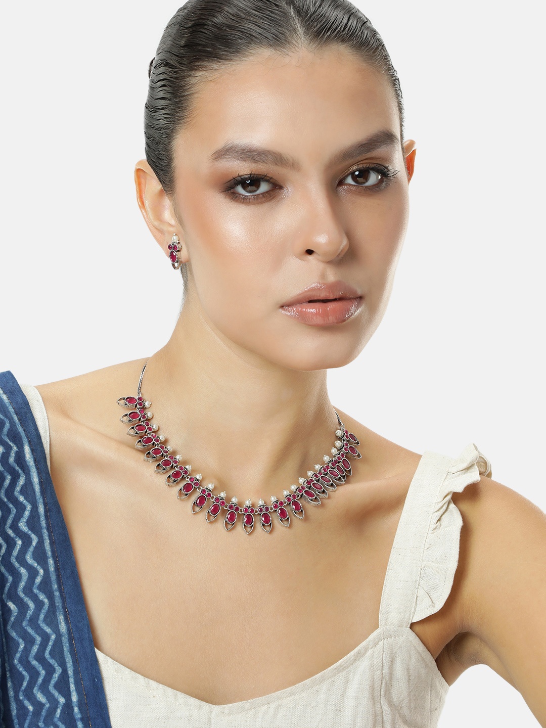 

AITIHYA Silver-Plated Stone Studded Jewellery Set, Magenta