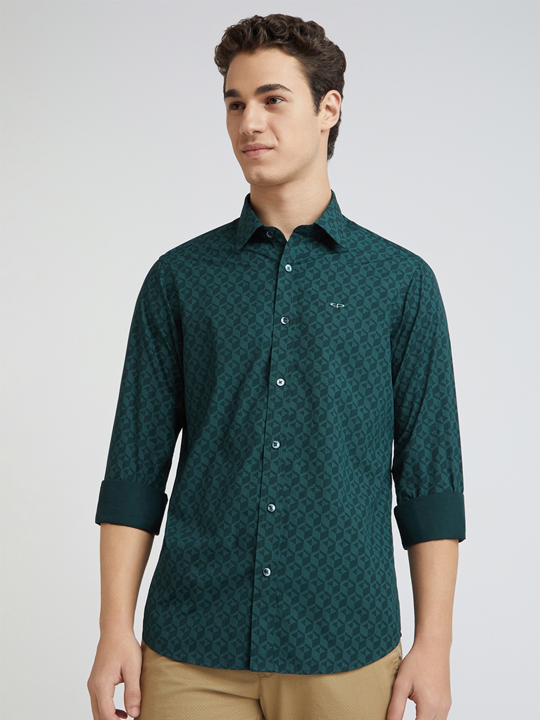 

ColorPlus Men Spread Collar Micro Ditsy Printed Cotton Slim Fit Casual Shirt, Green