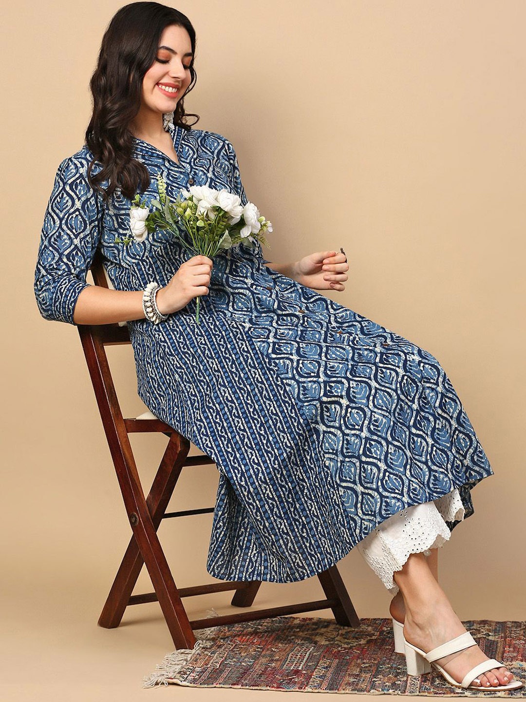 

SHOWOFF Ethnic Motifs Printed Shirt Collar Cotton A-Line Kurta, Blue