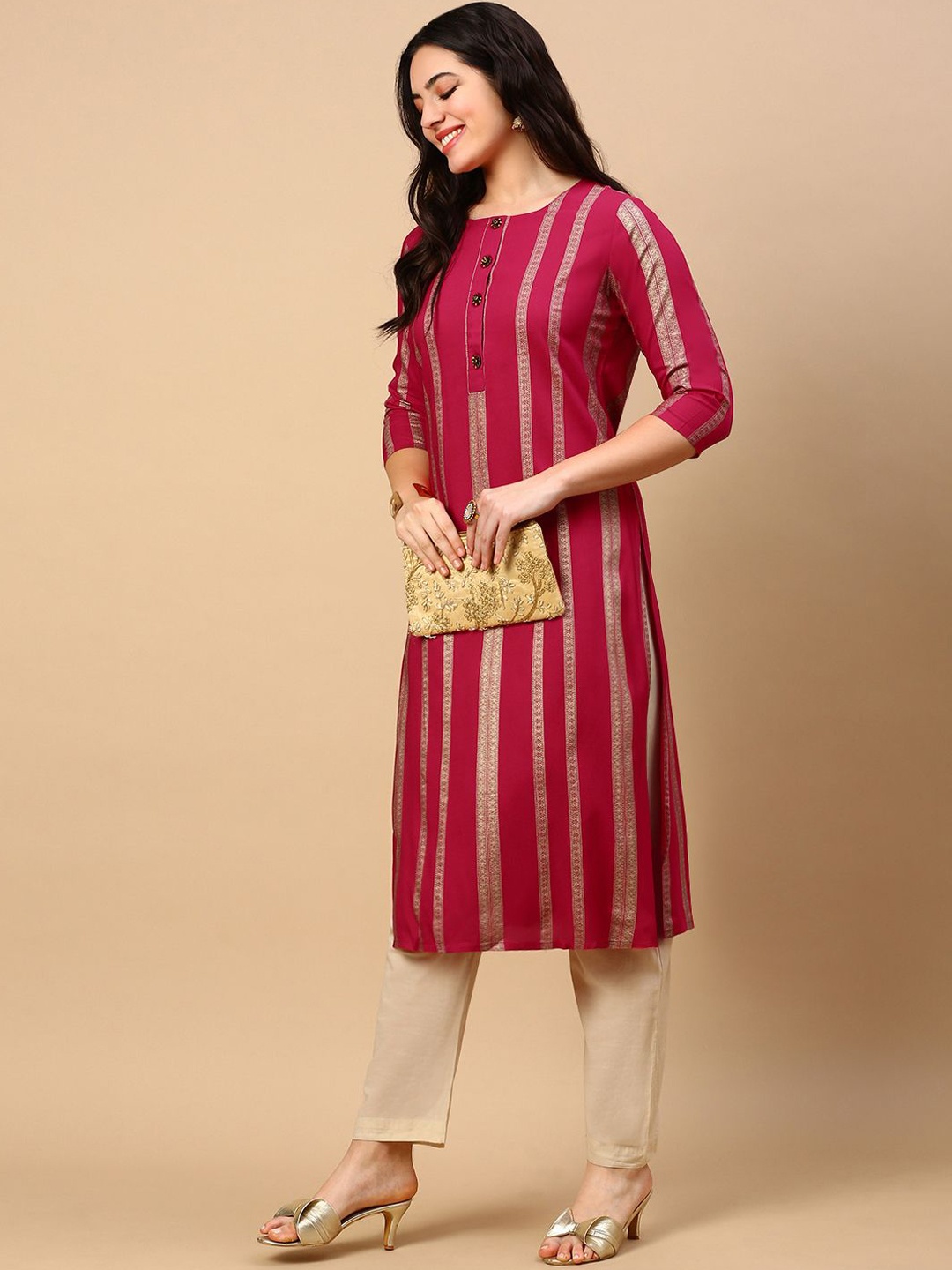 

SHOWOFF Ethnic Motifs Printed Cotton Straight Kurta, Pink