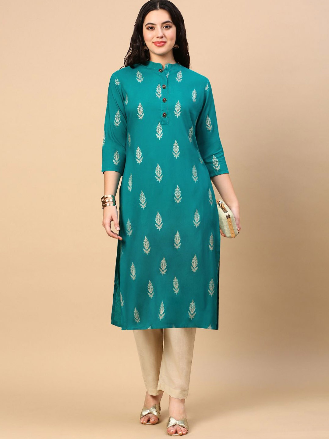 

SHOWOFF Ethnic Motifs Printed Mandarin Collar Cotton Straight Kurta, Green
