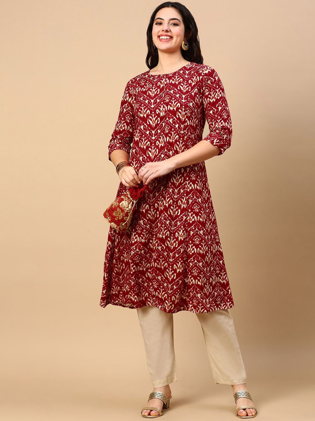 

SHOWOFF Ethnic Motifs Printed Cotton A-Line Kurta, Red