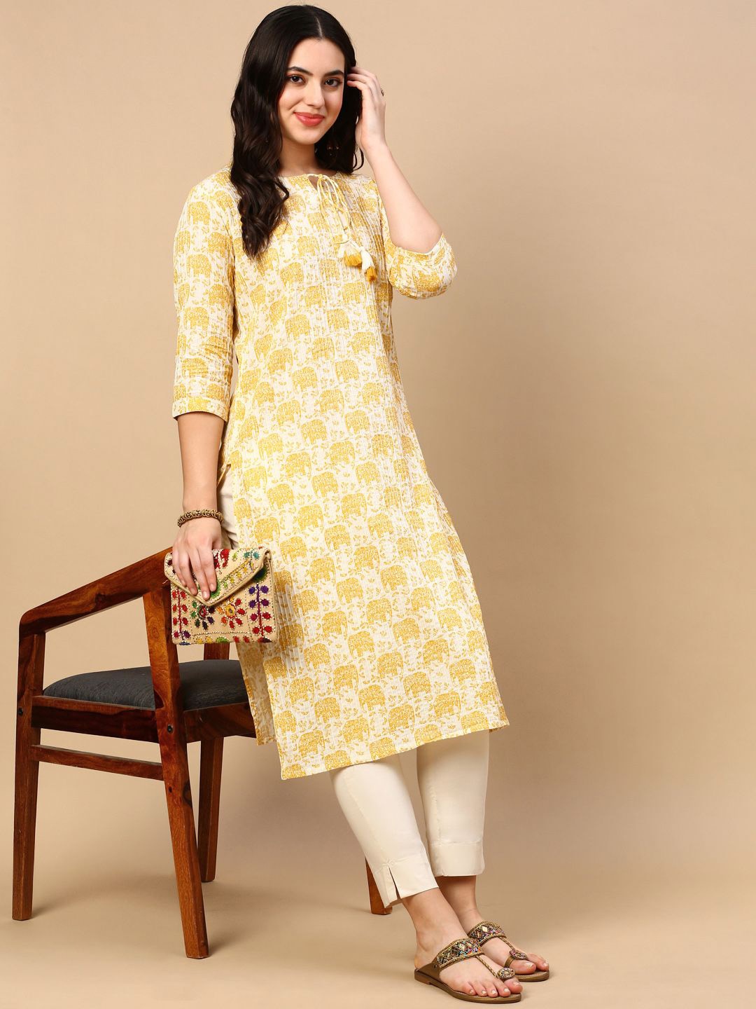 

SHOWOFF Ethnic Motifs Printed Tie Up Neck Sequinned Cotton Straight Kurta, Yellow