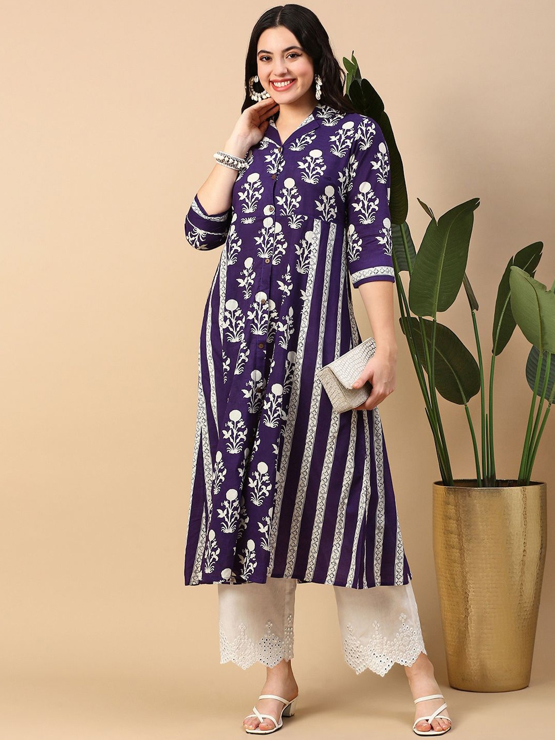 

SHOWOFF Ethnic Motifs Printed Cotton A-Line Kurta, Purple