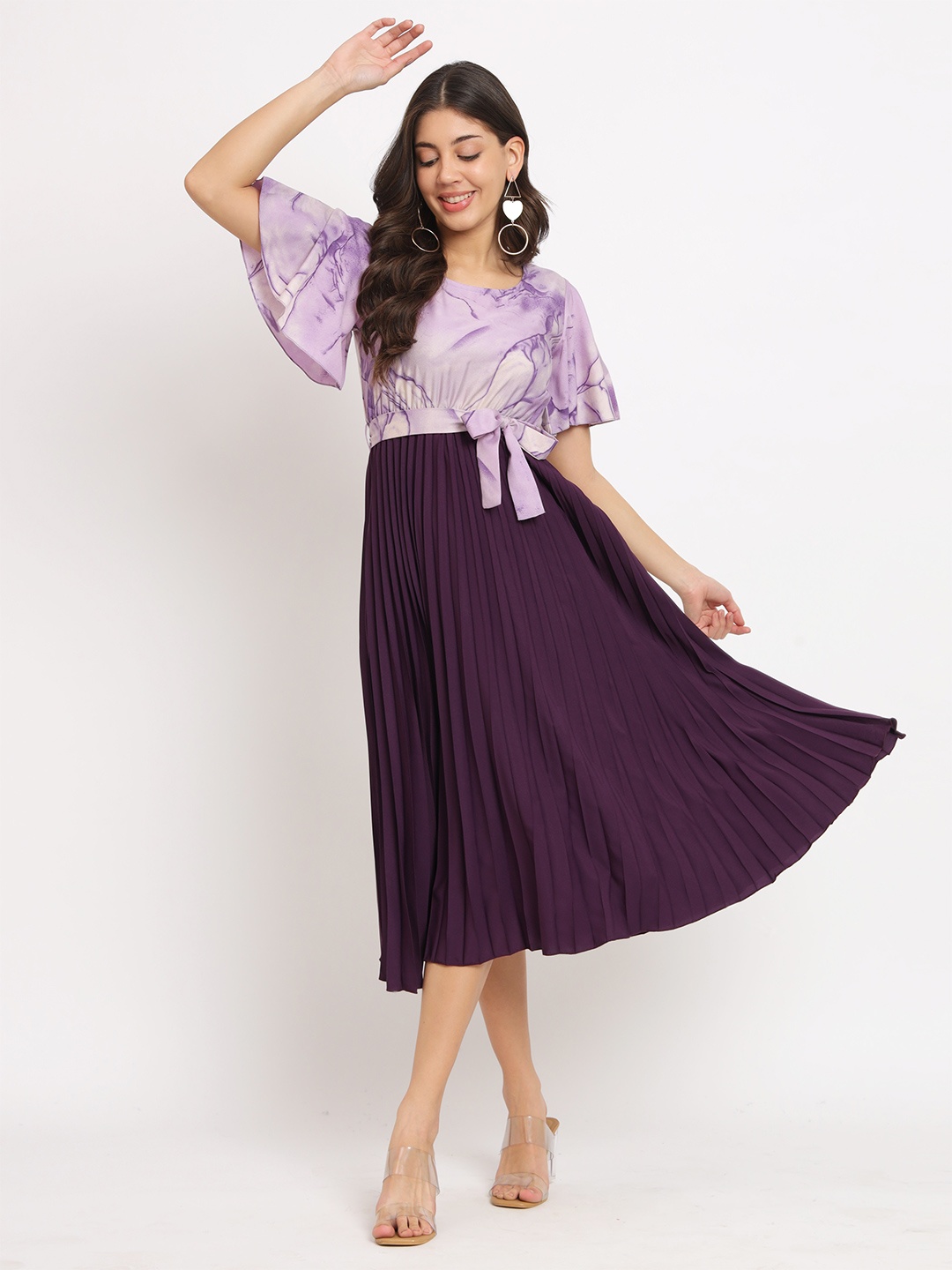 

ZWERLON Printed Flared Sleeve Pleated A-Line Midi Dress, Purple