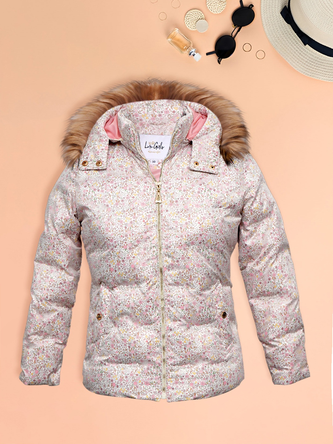 

LURE JUNIOR Girls Floral Printed Hooded Puffer Jacket With Faux Fur Detailed, Pink